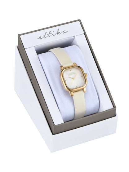 Classic Square Bone Leather Watch - Mother of Pearl Dial with Bone Leather and Gold | Ettika