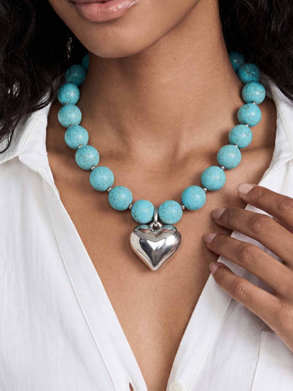 Luck and Love Turquoise Heart Necklace - Turquoise with Silver Plating | Ettika