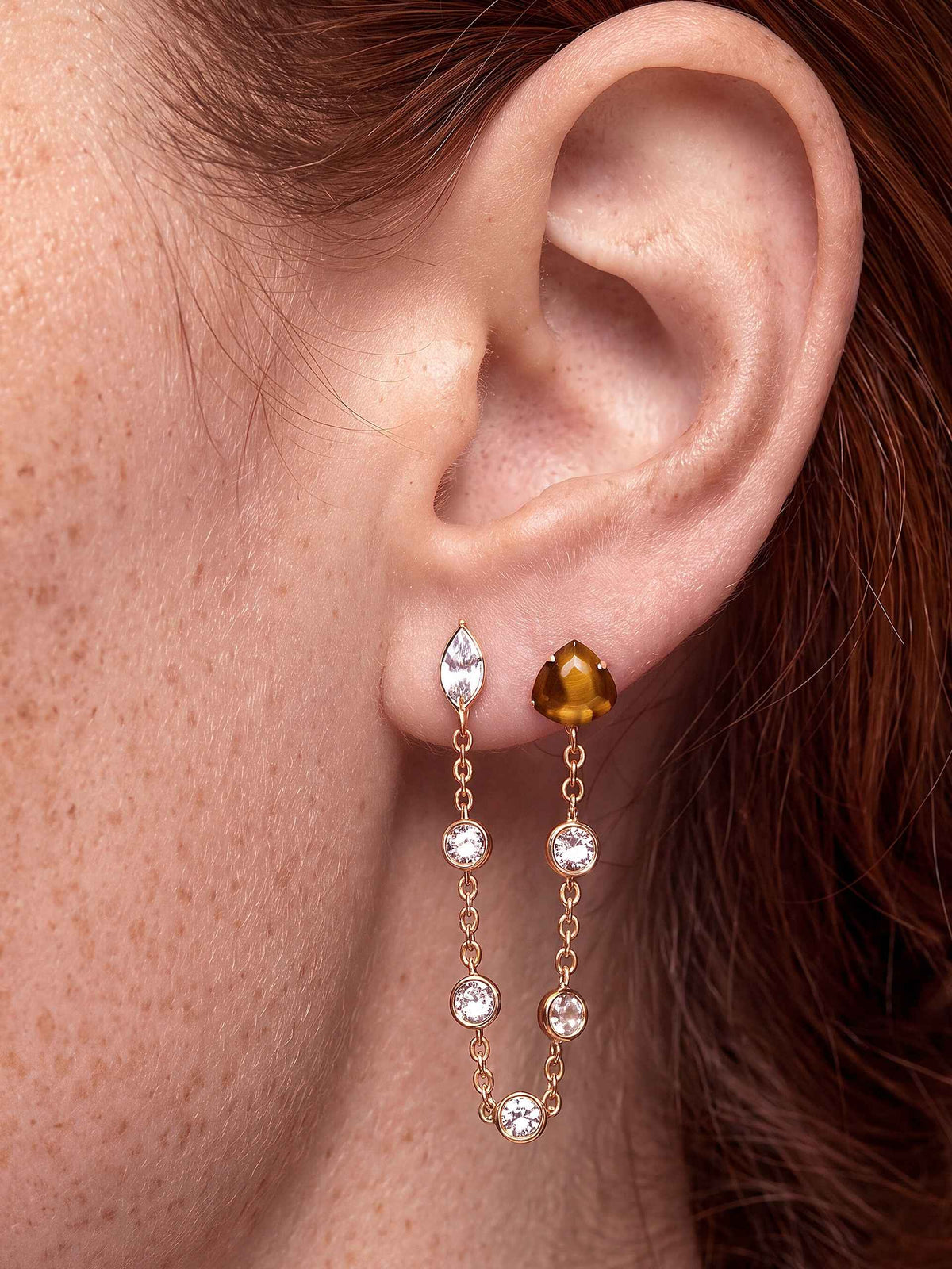 Double Piercing Tiger's Eye Earrings - Tigers Eye with 18k Gold Plating | Ettika