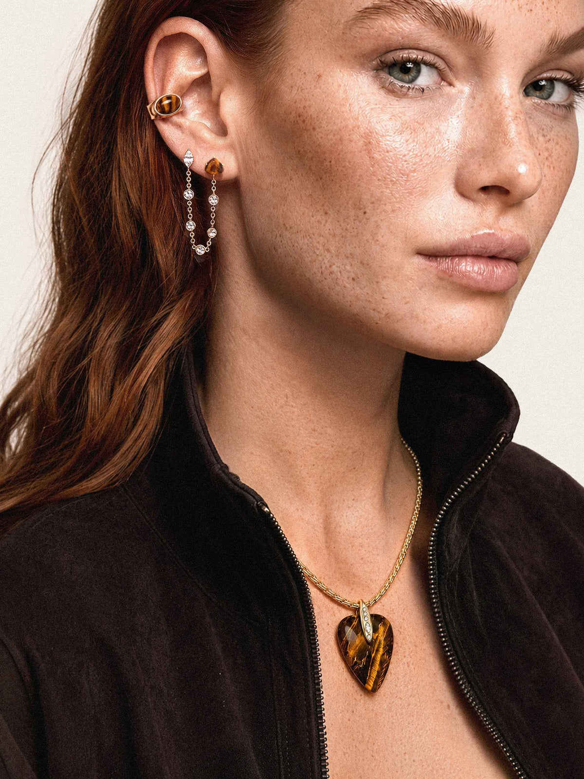 Double Piercing Tiger's Eye Earrings - Tigers Eye with 18k Gold Plating | Ettika