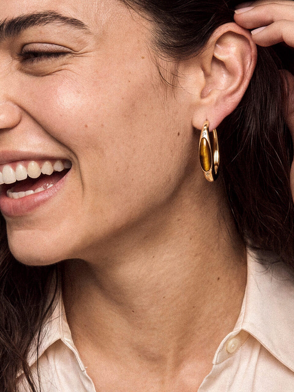 Tiger's Eye Solstice Hoops - Tigers Eye with 18k Gold Plating | Ettika