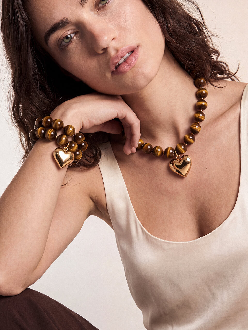 Luck and Love Tiger's Eye Heart Bracelet Set - Tigers Eye with 18k Gold Plating | Ettika