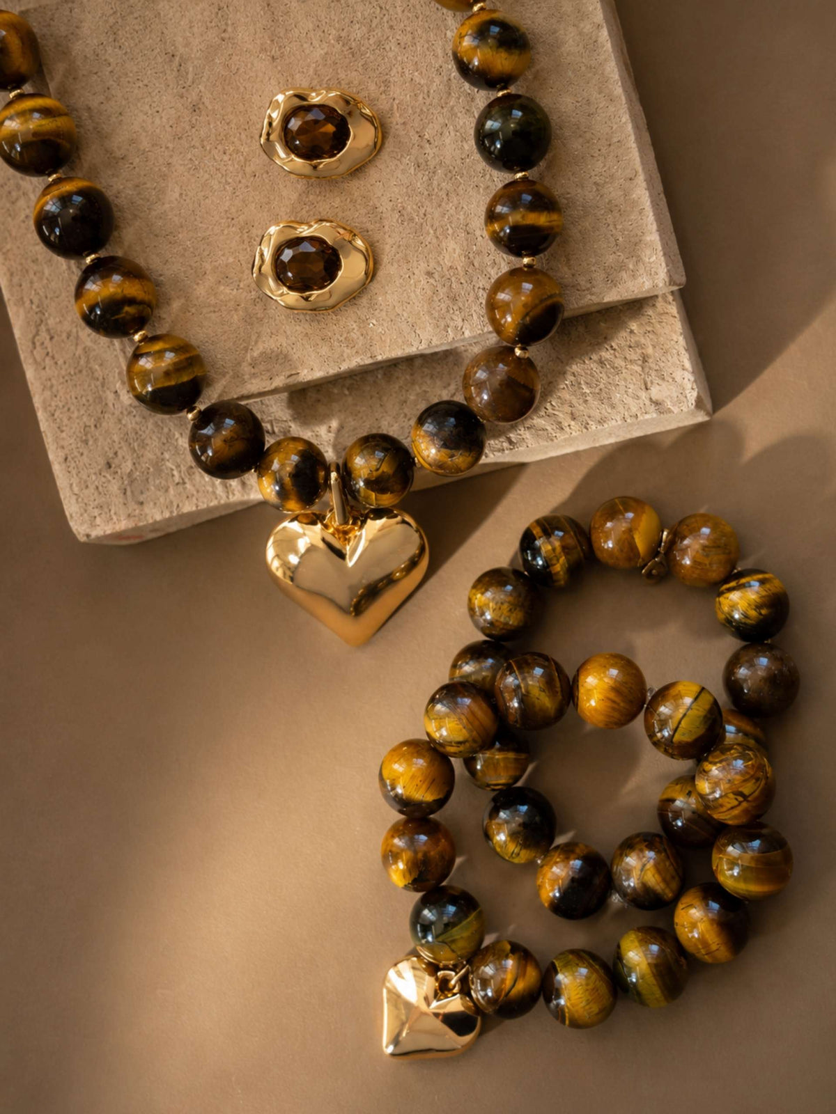 Luck and Love Tiger's Eye Heart Bracelet Set - Tigers Eye with 18k Gold Plating | Ettika