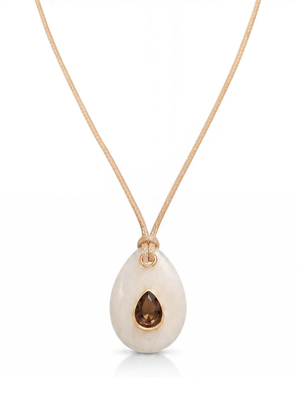 Teardrop Cord Necklace - Cream Resin with Smokey Quartz and Tan Cord | Ettika