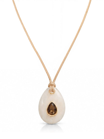 Teardrop Cord Necklace - Cream Resin with Smokey Quartz and Tan Cord | Ettika