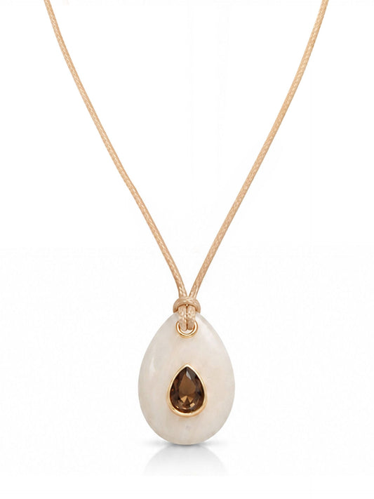 Teardrop Cord Necklace - Cream Resin with Smokey Quartz and Tan Cord | Ettika