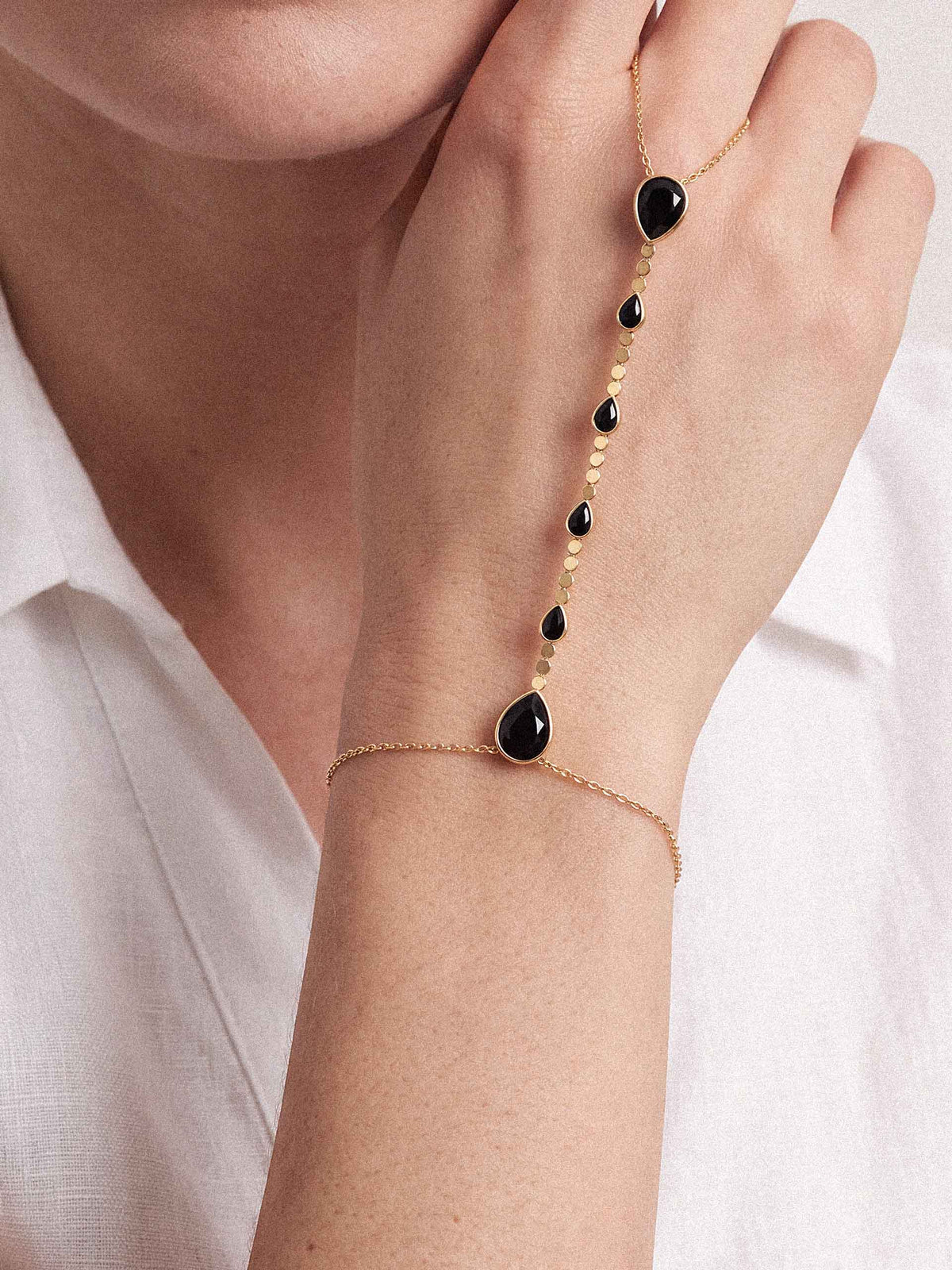 Dripping Crystal Hand Chain - Black Crystal with 18k Gold Plating | Ettika