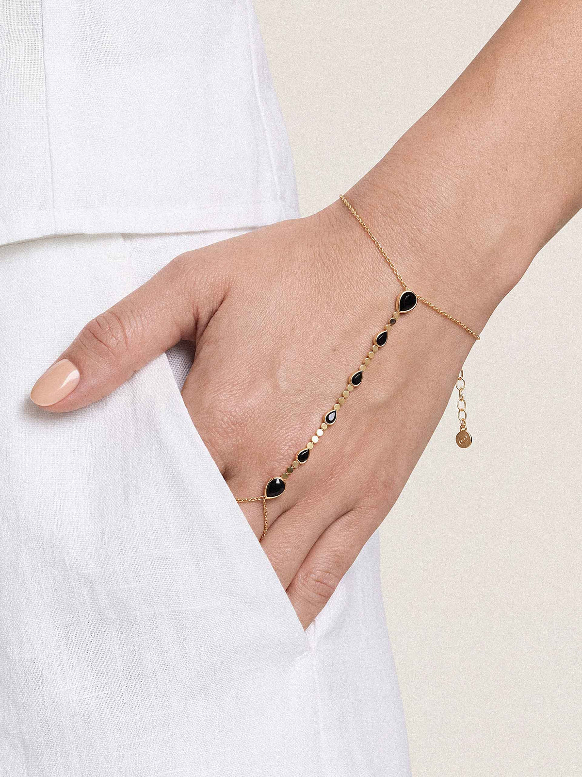 Dripping Crystal Hand Chain - Black Crystal with 18k Gold Plating | Ettika
