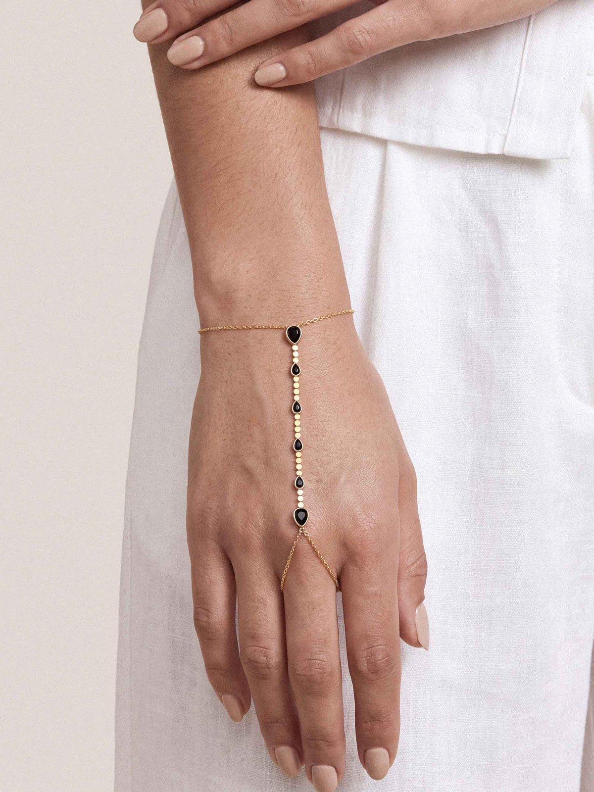 Dripping Crystal Hand Chain - Black Crystal with 18k Gold Plating | Ettika